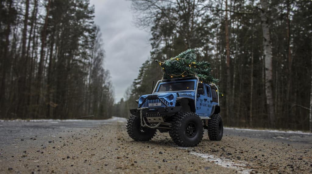 rc jeep with toy tree on top on a forrest road